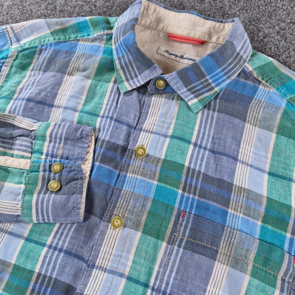 Tommy Bahama Mens Large 100% Linen Plaid Button Down Shirt Blue Green T318544